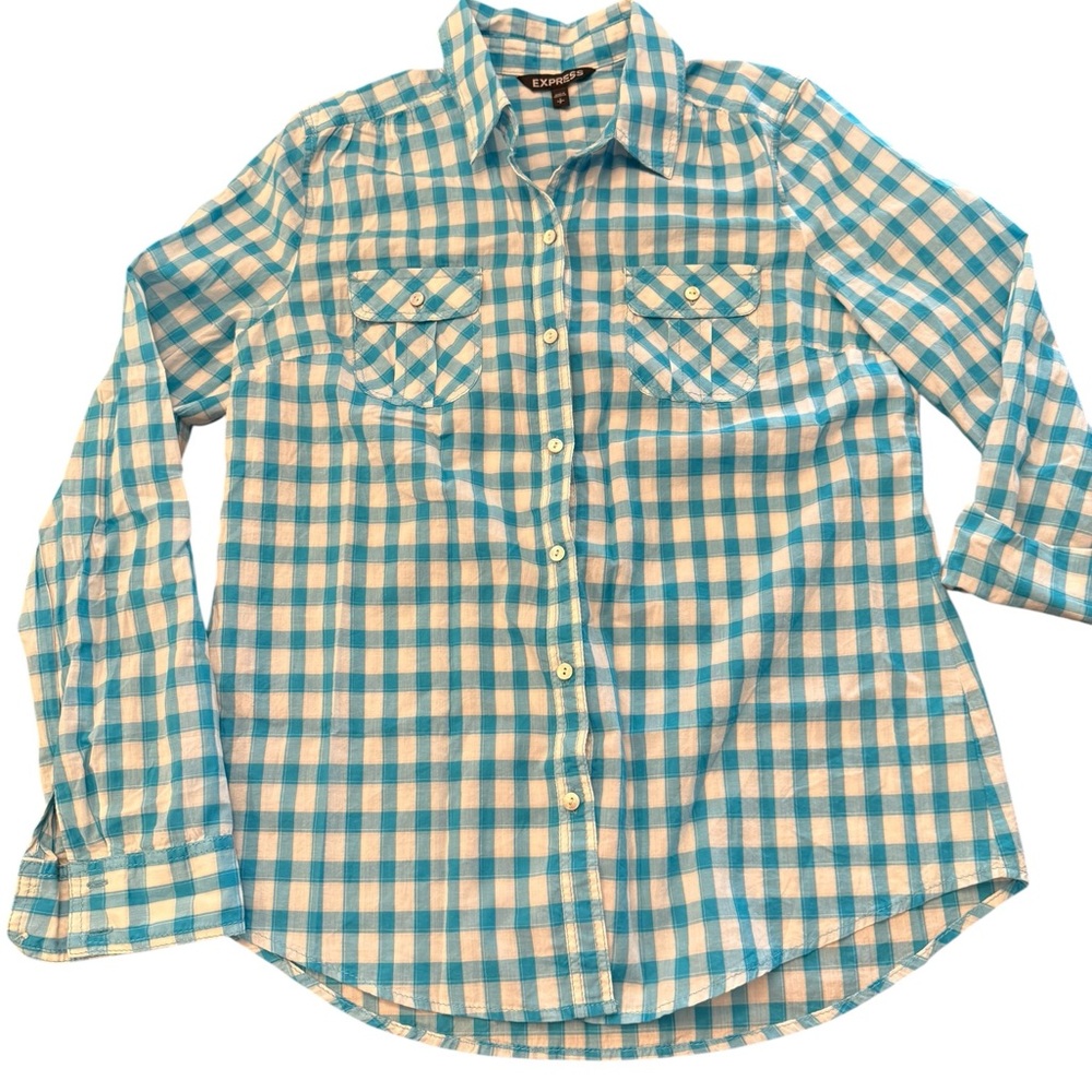 Express Blue White‎ Checked Button Down Collared Shirt Size Small Cotton Casual